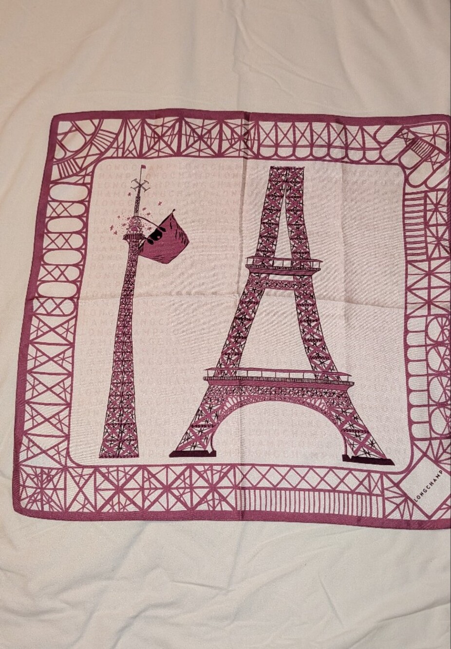 Longchamp Eiffel Tower Print Silk Scarf in Dusty Rose & Cream 19" COA NWOT
